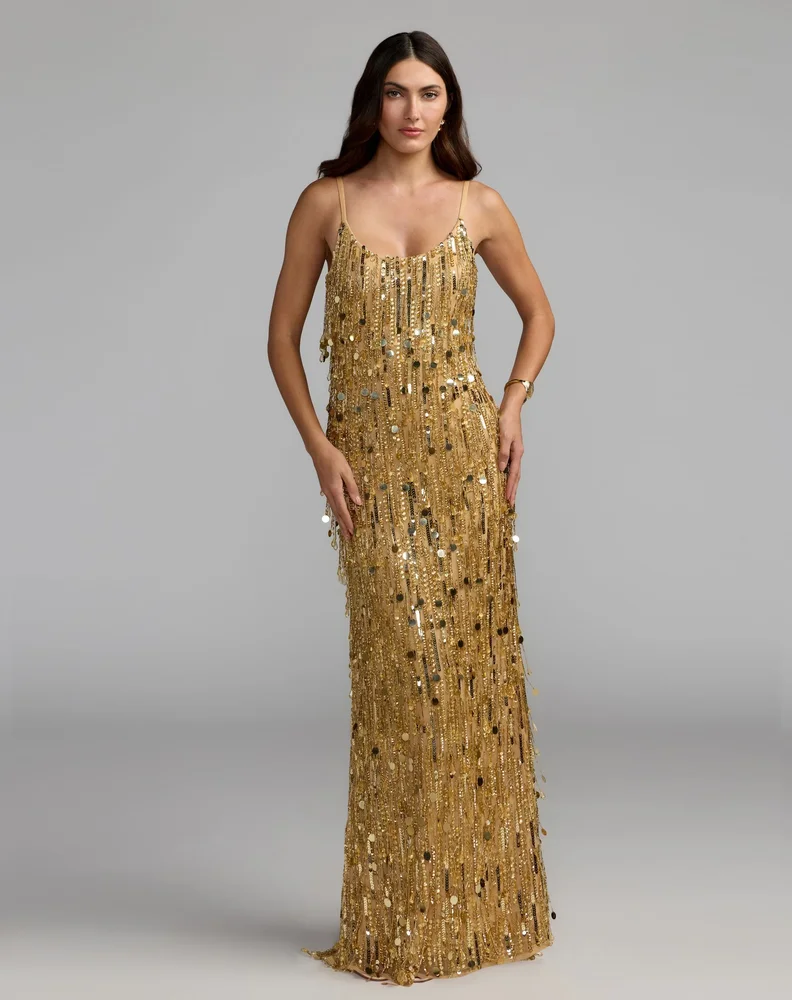 Gold Embellished Fringe Sleeveless Column Gown