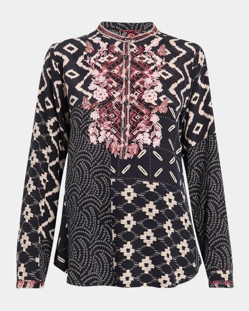 Nya Embroidered Patchwork-Print Silk Shirt