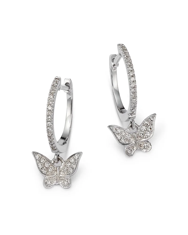 14K White Gold Diamond Butterfly Dangle Hoop Earrings