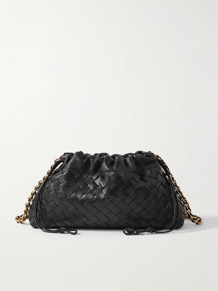 Dustbag chain-embellished intrecciato leather pouch