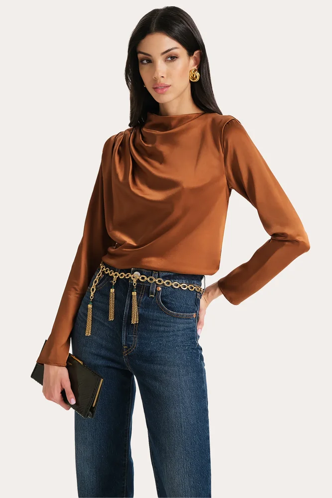Leah Silk Charmeuse Ruched Long Sleeve Shirt