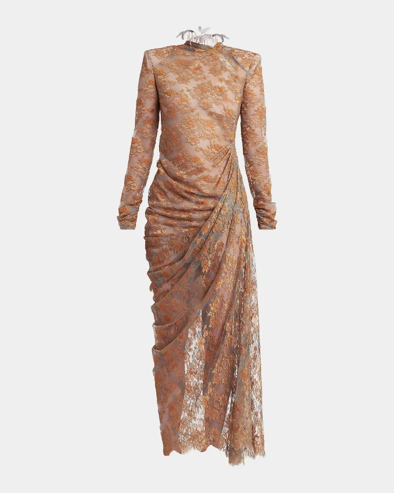 Feather-Trim Draped Lace Long-Sleeve Maxi Dress