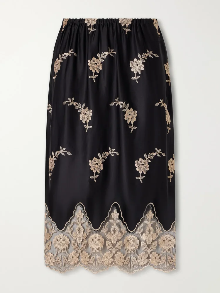 Lucinda floral-embroidered lace-trimmed satin midi skirt