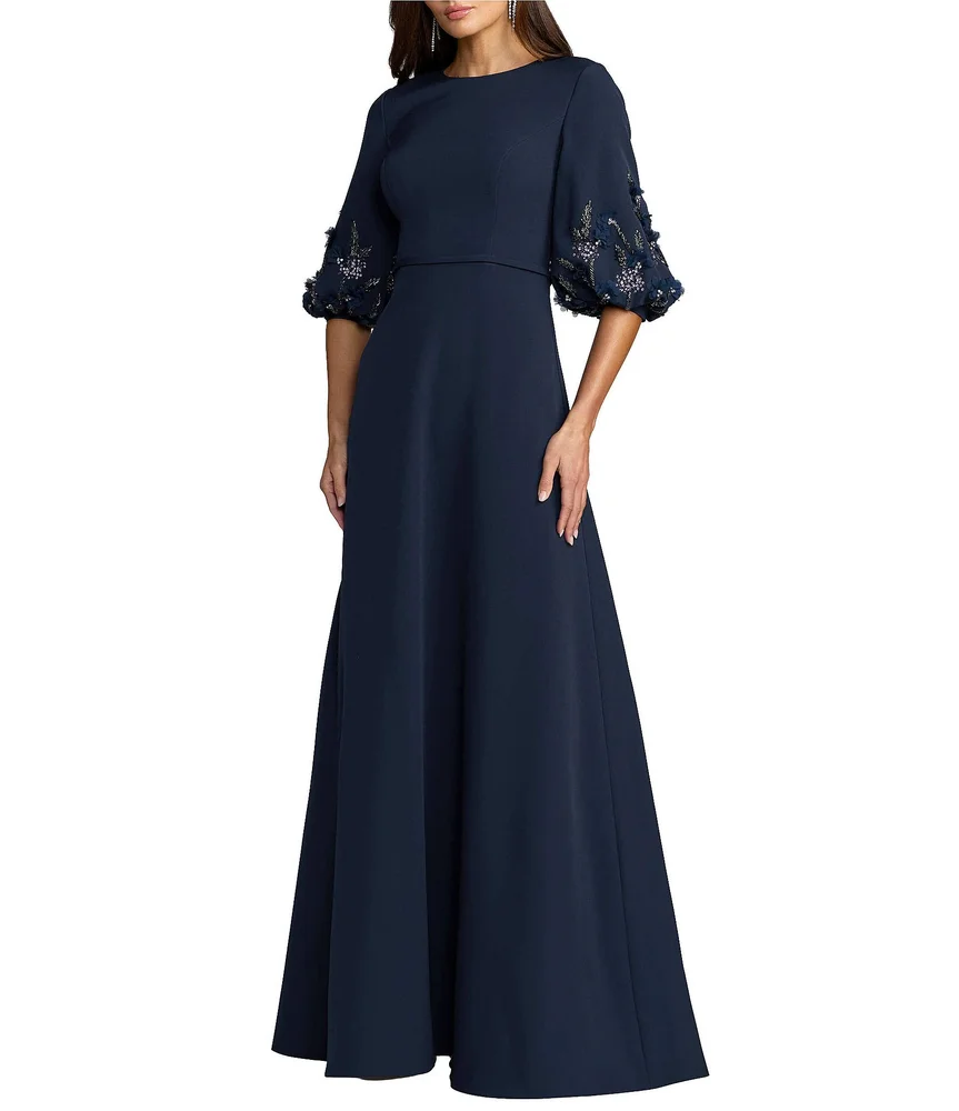 Beaded Crepe Bishop Sleeve A-Line Gown