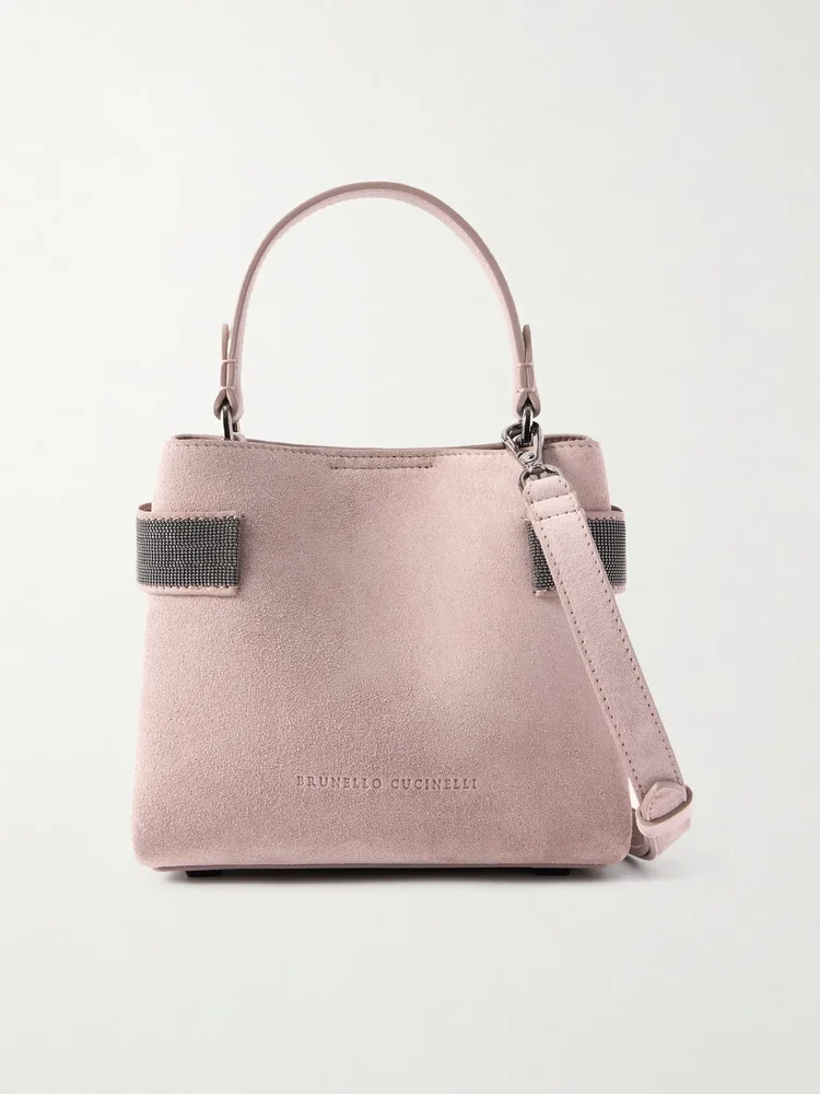 Bead-embellished suede top-handle bag