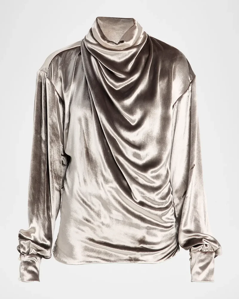 Draped Wrap-Neck Velvet Long-Sleeve Blouse
