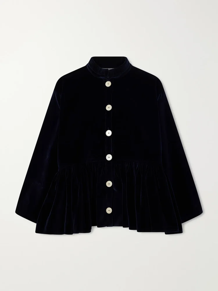 Gathered cotton-velvet blouse