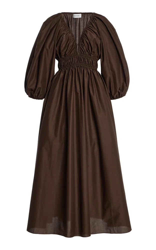 Shirred Cotton Plunge Button Midi Dress