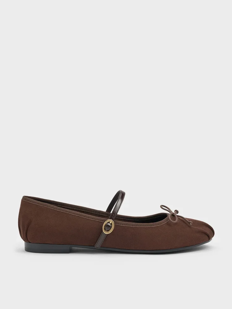 Emiko Faux Suede Bow Mary Jane Flats, Dark Brown Textured