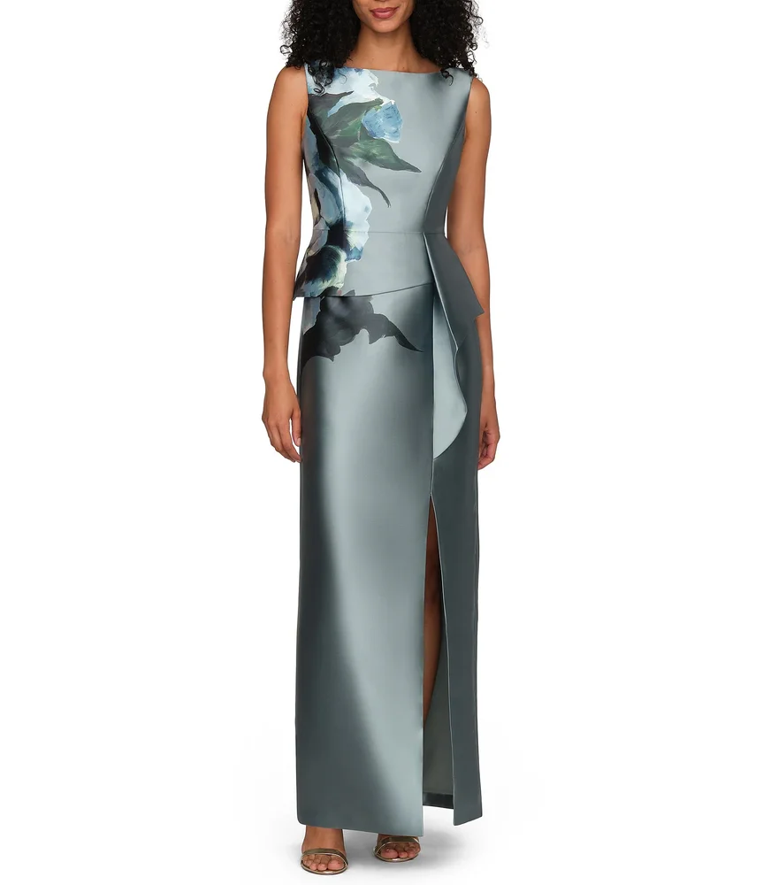 Eden Boat Neck Sleeveless Floral Placement Print Ruffle Peplum Mikado Column Gown