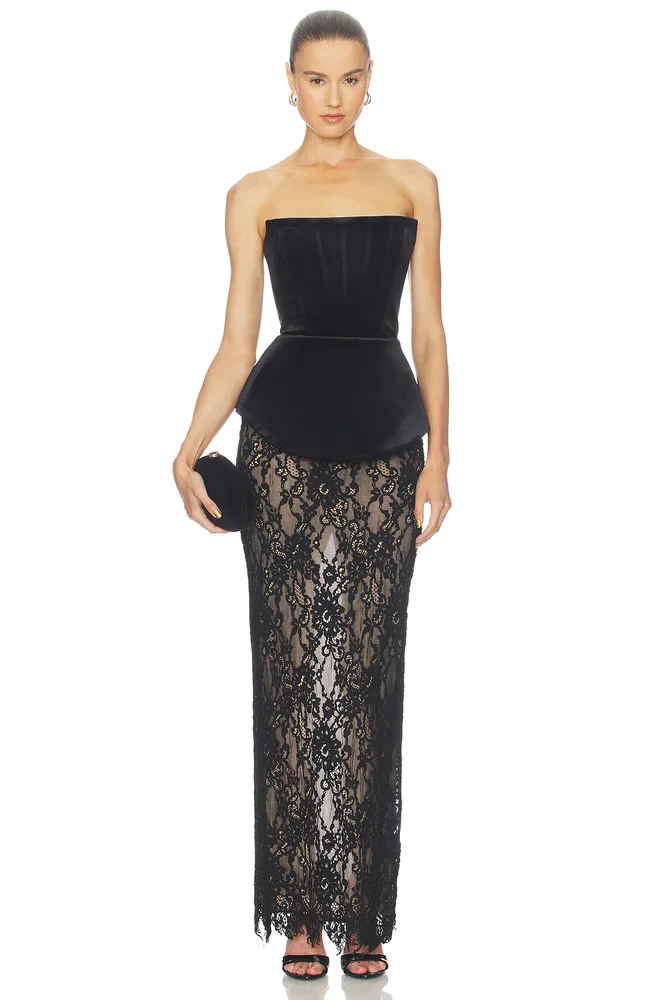 Strapless Velvet And Lace Maxi Dress
