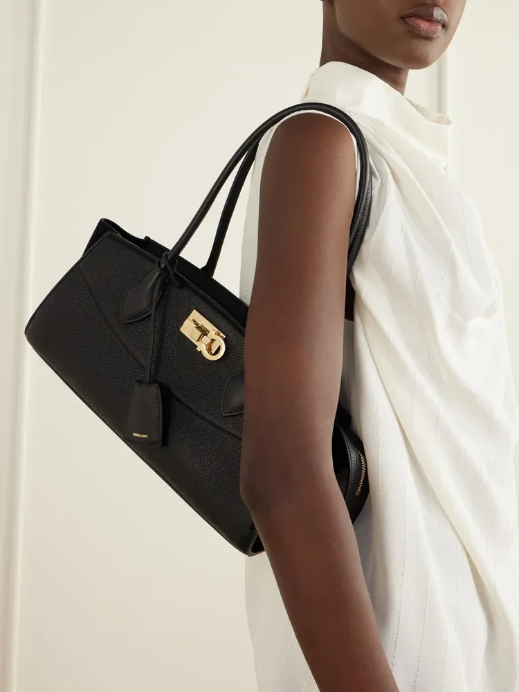 Studio East West suede-trimmed textured-leather shoulder bag