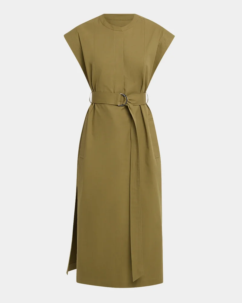 Belted Cap-Sleeve Cotton Twill Midi Shirtdress