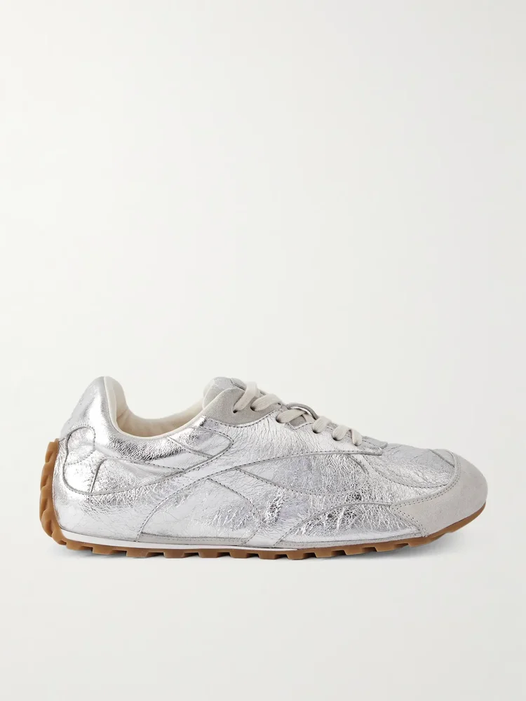 Orbit Flash suede-trimmed metallic crinkled-leather sneakers