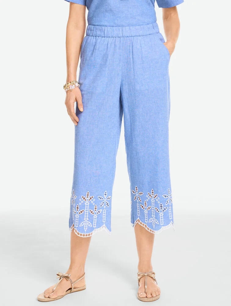 Talbots Embroidered Washed Linen Wide Crop Pull-On Pants