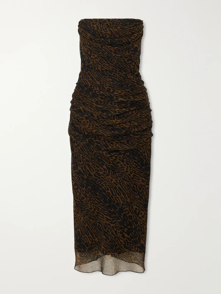 Strapless Draped Leopard-Print Silk-Chiffon Midi Dress