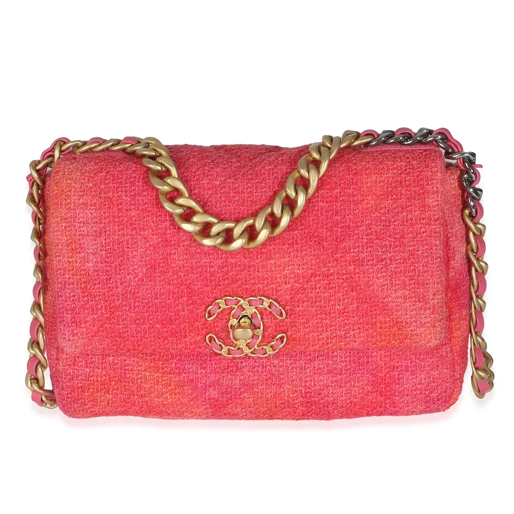 Pre-Owned Coral Pink Tweed Quilted Medium Chanel 19 Flap Bag
