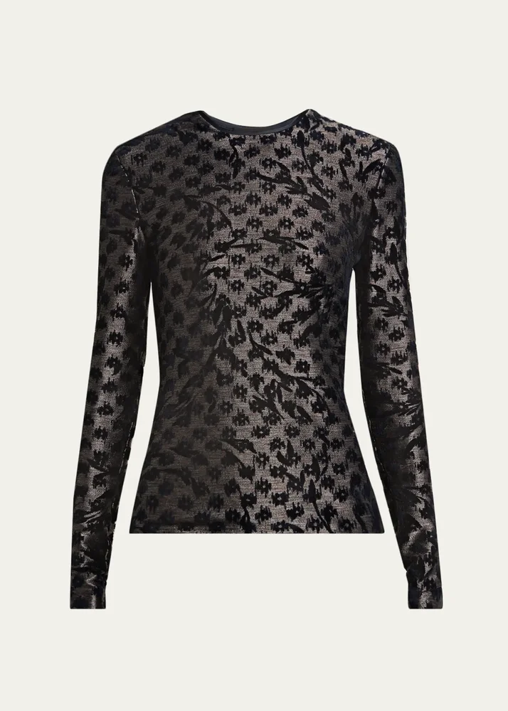 Floral Metallic Burnout Long-Sleeve Top