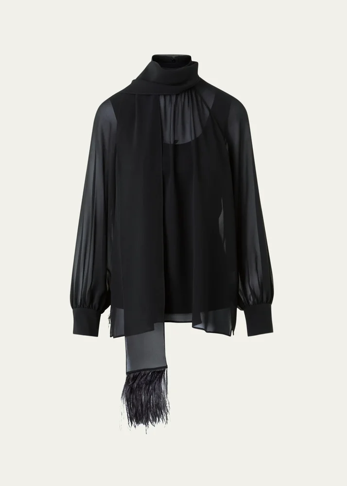 Feather-Trim Scarf Silk Georgette Blouse