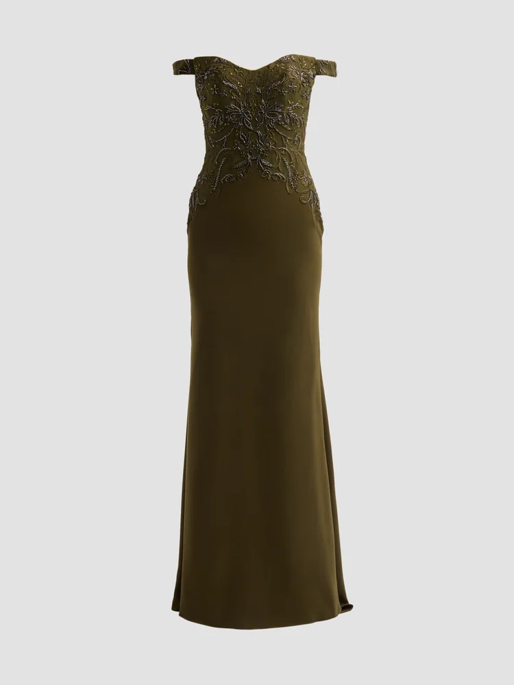 Embroidered Crêpe Off-the-Shoulder Gown