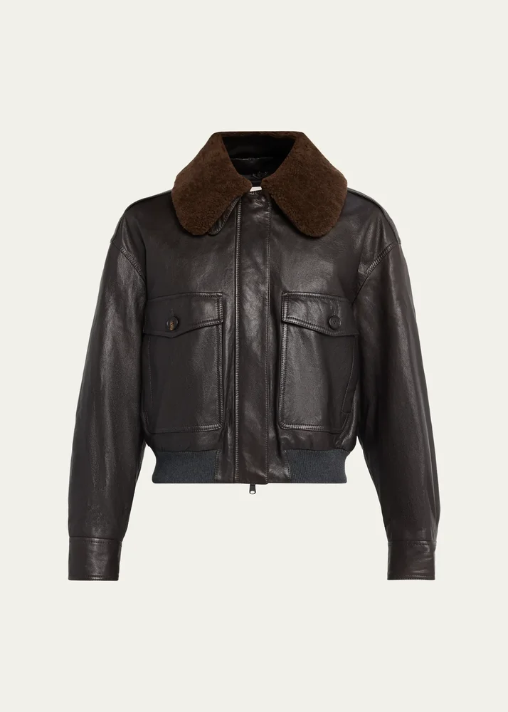 Waxed Leather Aviator Jacket With Lamb Shearling Collar