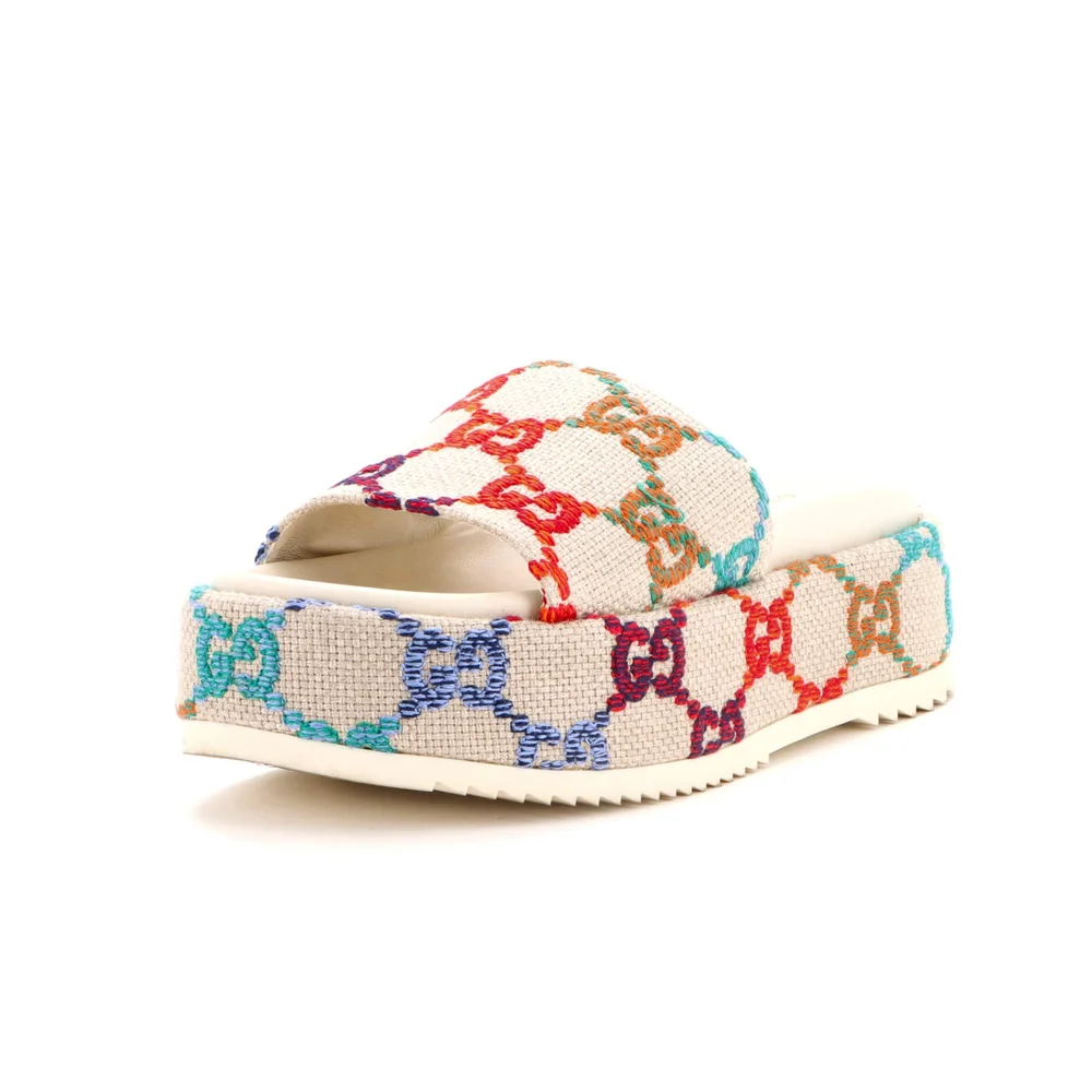 Pre-Owned Angelina Platform Slide Sandals Multicolor GG Linen