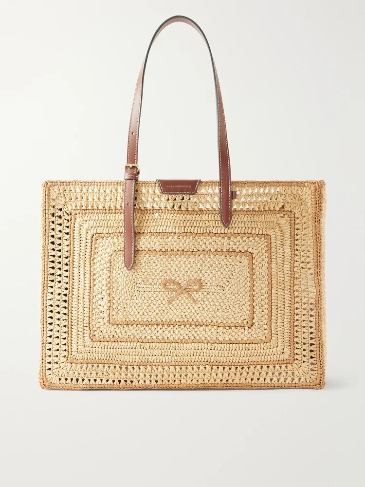Bow leather-trimmed raffia tote