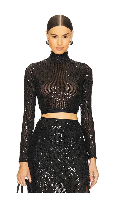 Sequin Cropped Long Sleeve Mock Neck Top