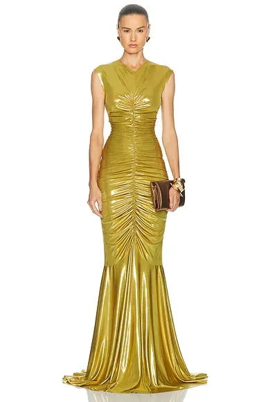 Sleeveless V Neck Shirred Front Fishtail Gown