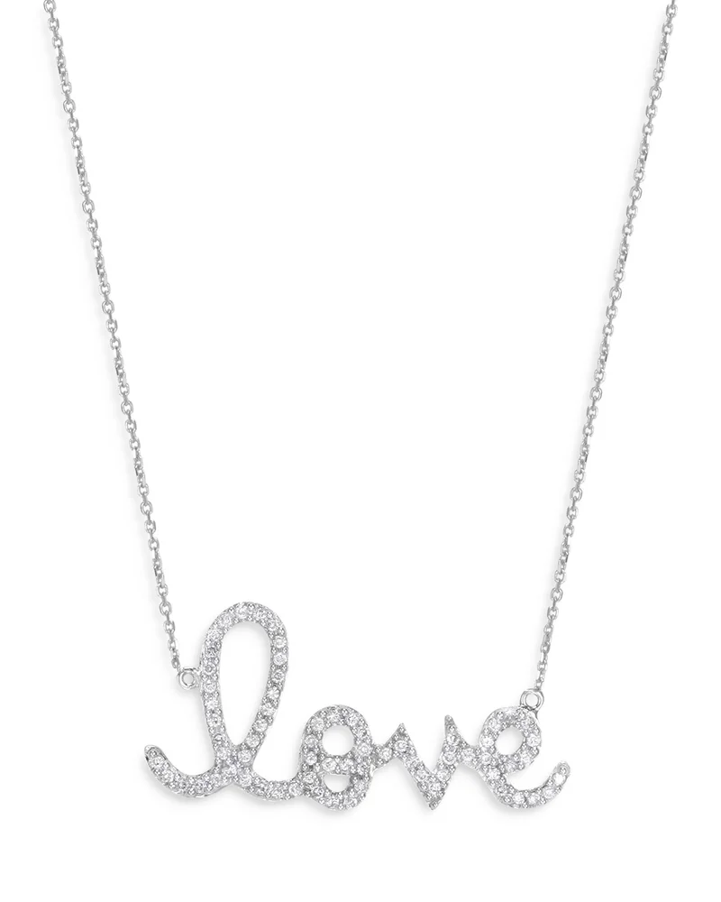 14K White Gold Diamond Large Love Script Pendant Necklace, 18"