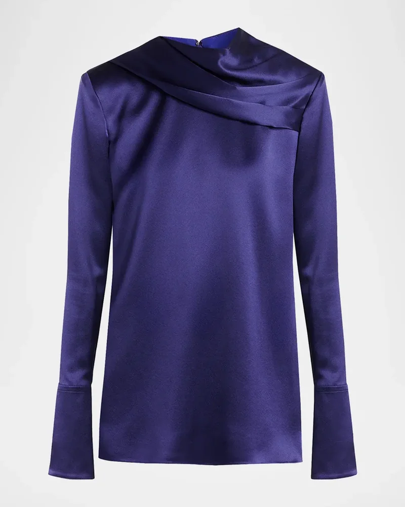 Draped Silk Long-Sleeve Tunic Blouse