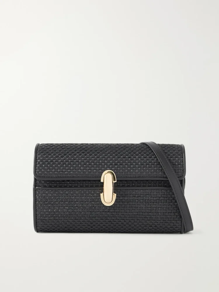 Symmetry leather-trimmed woven raffia shoulder bag