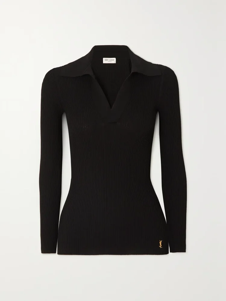Embellished ribbed-knit polo sweater
