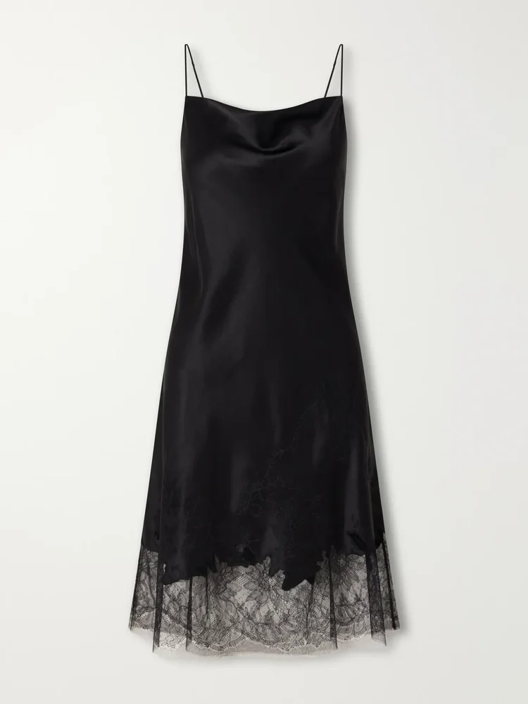 Lace-trimmed silk-satin midi dress