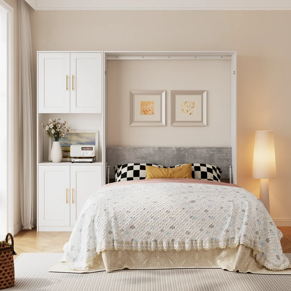 Queen Murphy Bed with Side Cabinet Storage Shelves