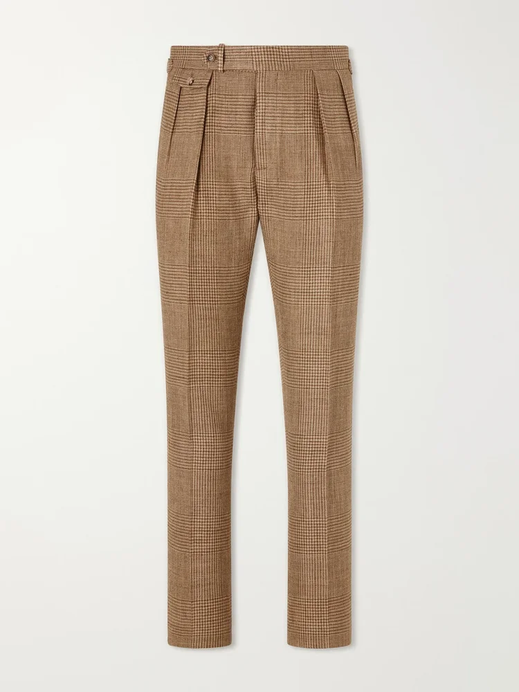 Straight-Leg Pleated Houndstooth Linen, Silk and Wool-Blend Trousers