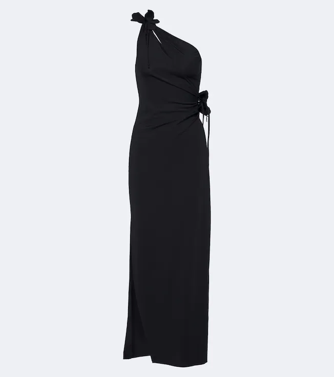 Floral-appliqué asymmetric cocktail dress
