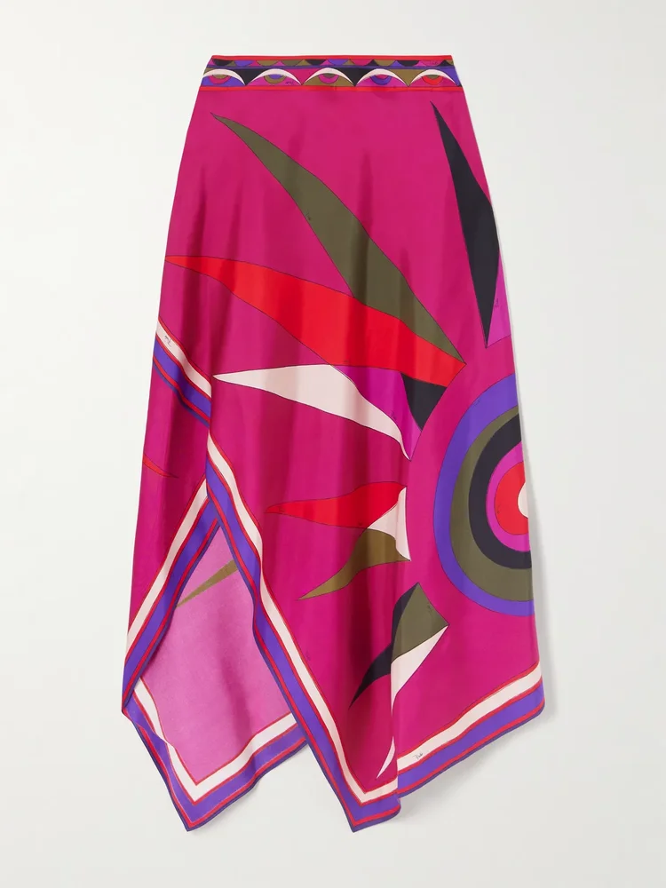 Asymmetric printed silk-twill maxi skirt