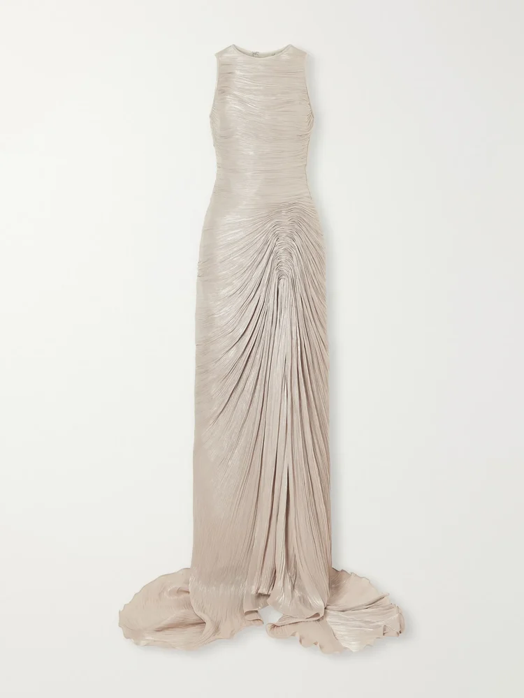 Sleeveless gathered pleated chiffon gown