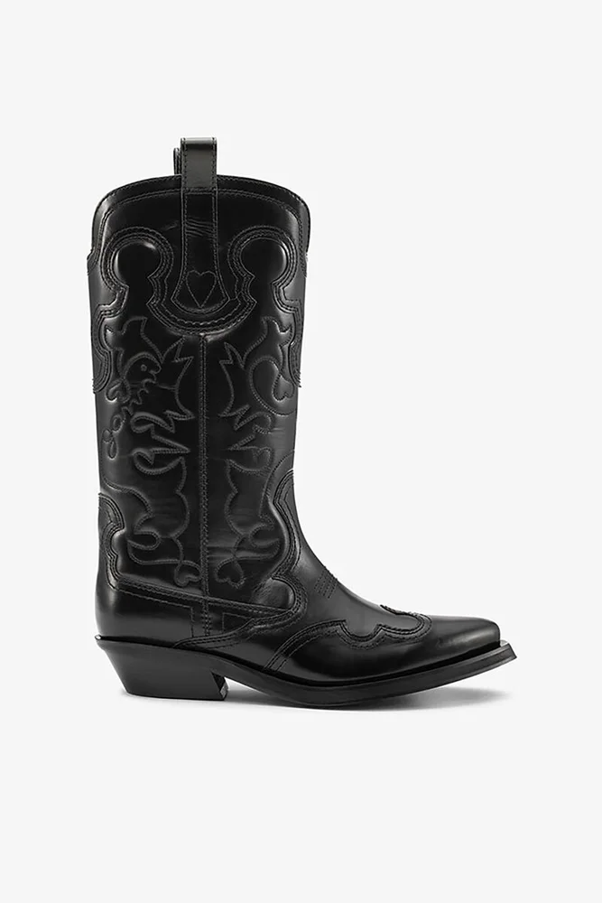 Mid Shaft Embroidered Western Boots in Black