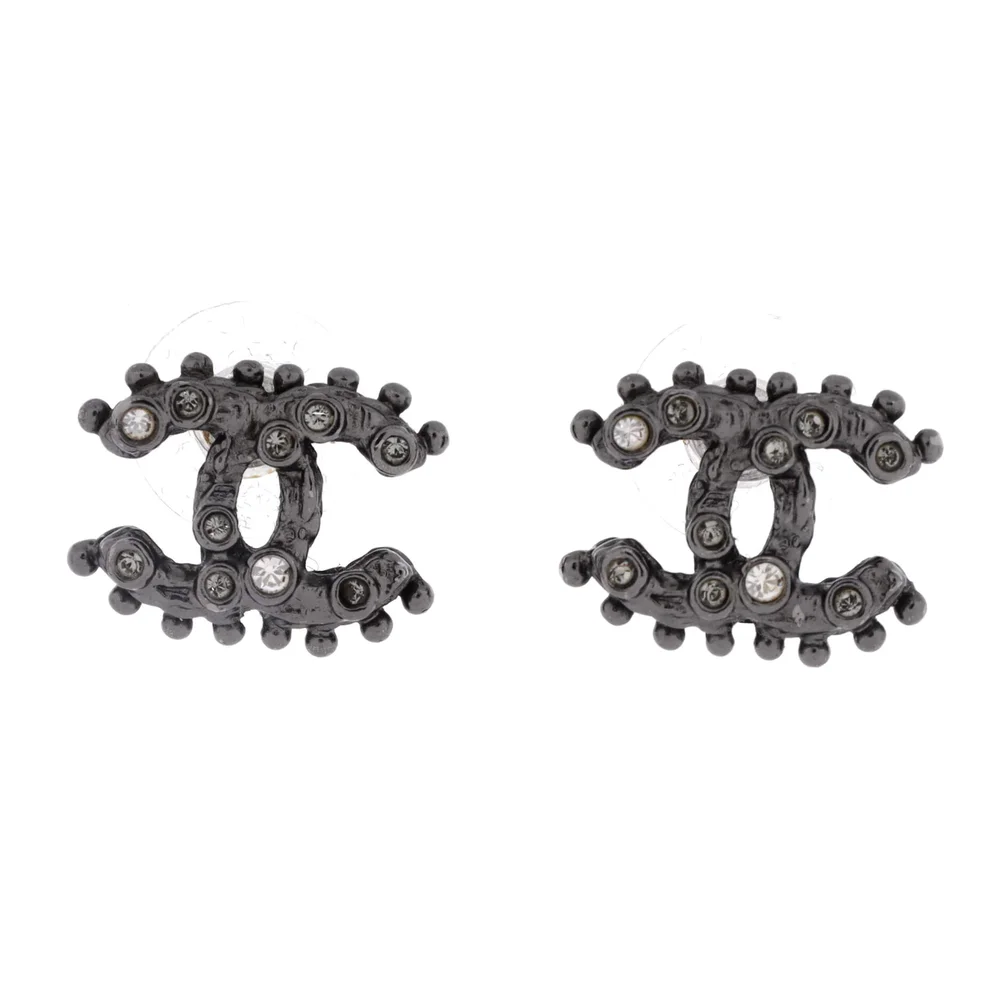 Pre-Owned CC Stud Earrings Metal with Crystals in Silver