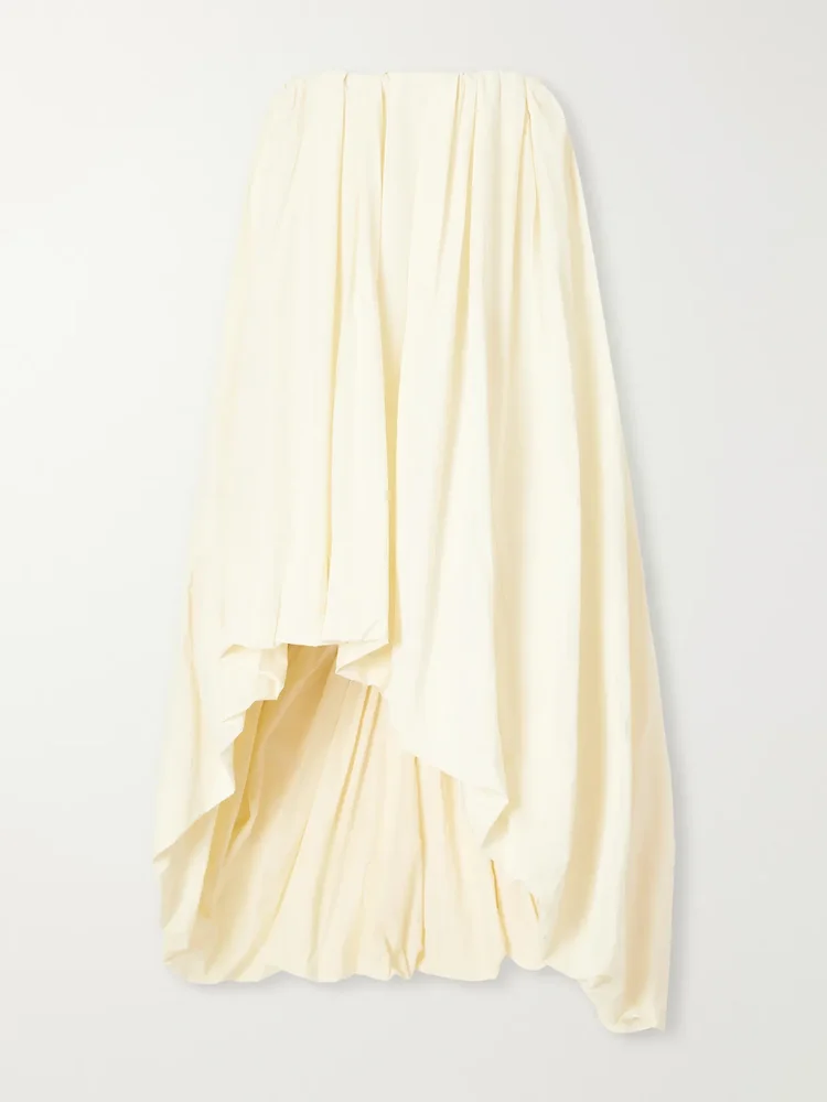 Strapless gathered taffeta midi dress