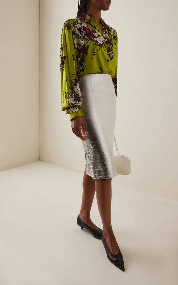Croc-Embossed Faux Leather Knee-Length Skirt