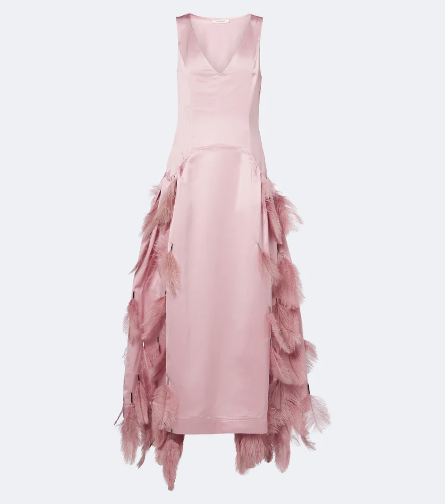 Feather-trimmed satin gown