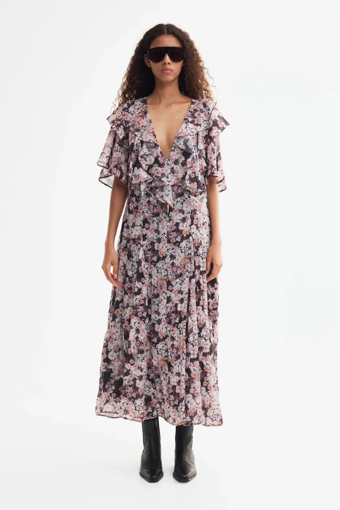 Flounced Plissé Dress (Black/floral)