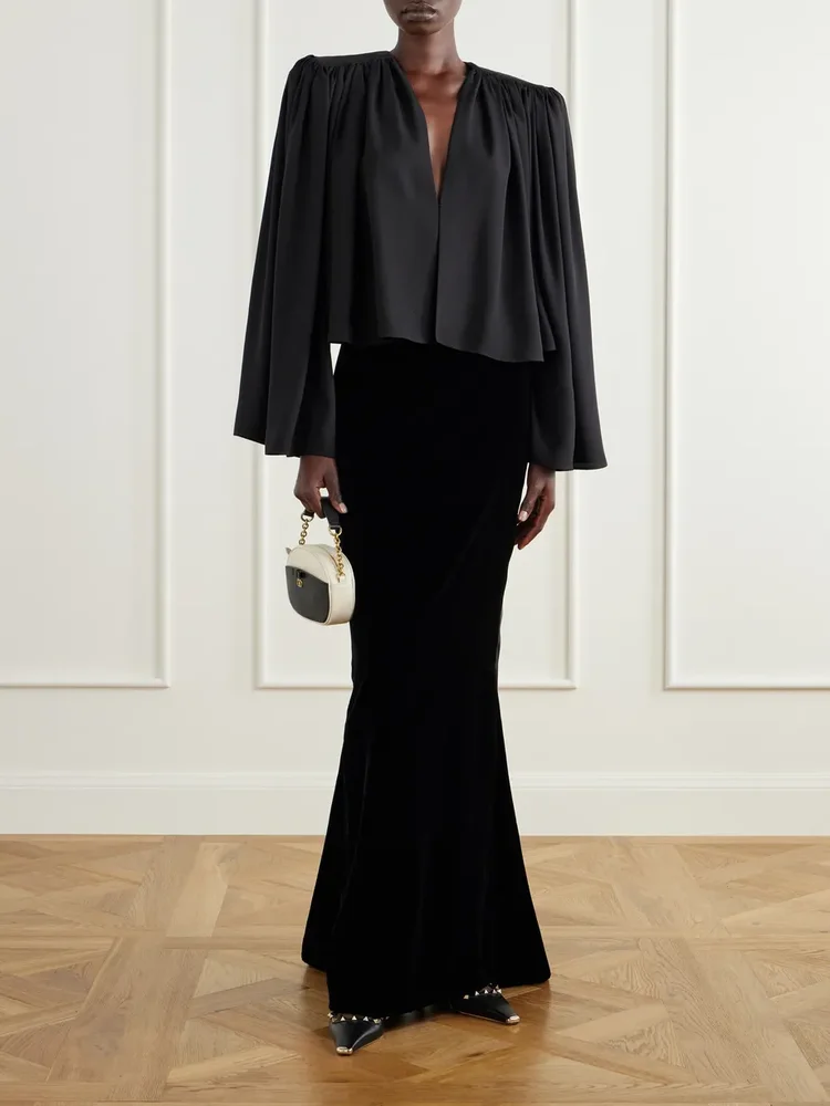 Sable draped velvet maxi skirt