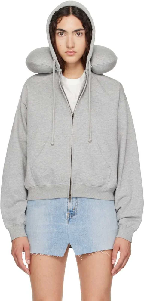 Gray Neck Pillow Fitted Zip Up Hoodie