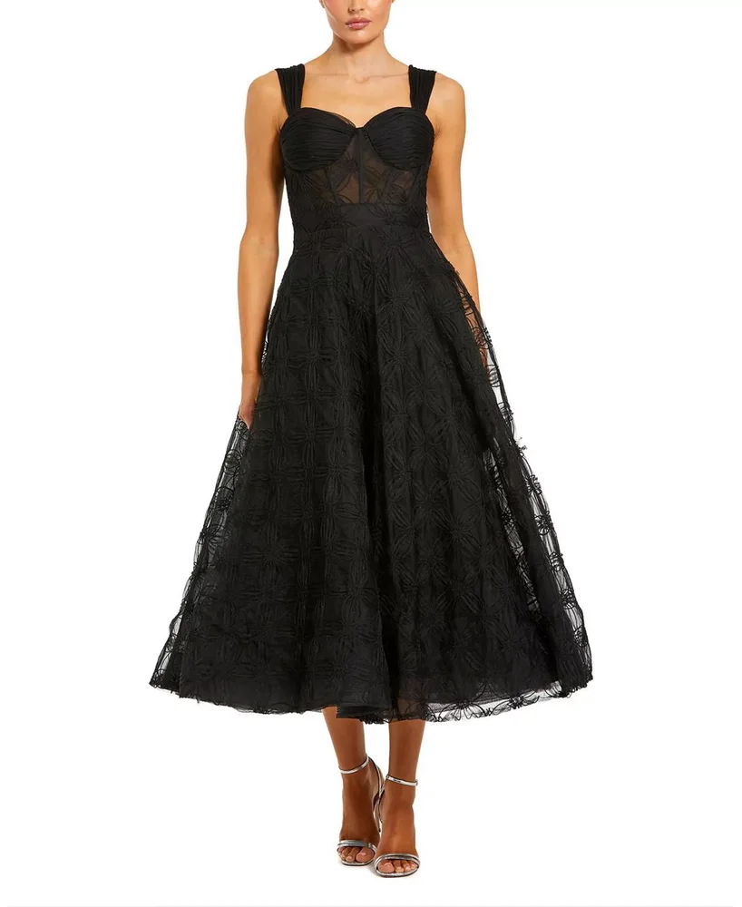 Sleeveless A Line Bustier Floral Tulle Midi Dress