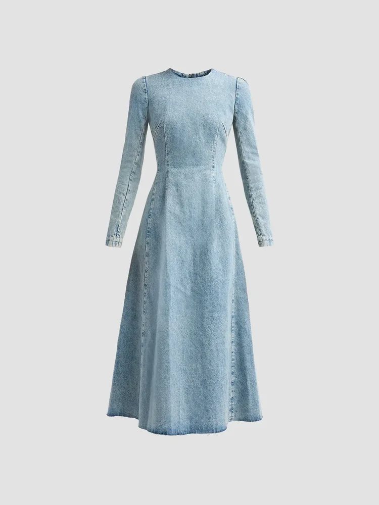 Denim Long-Sleeve A-Line Midi Dress