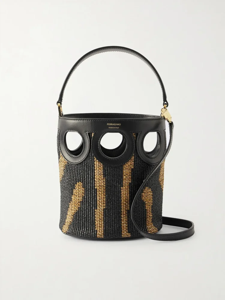 Cutout leather-paneled raffia tote